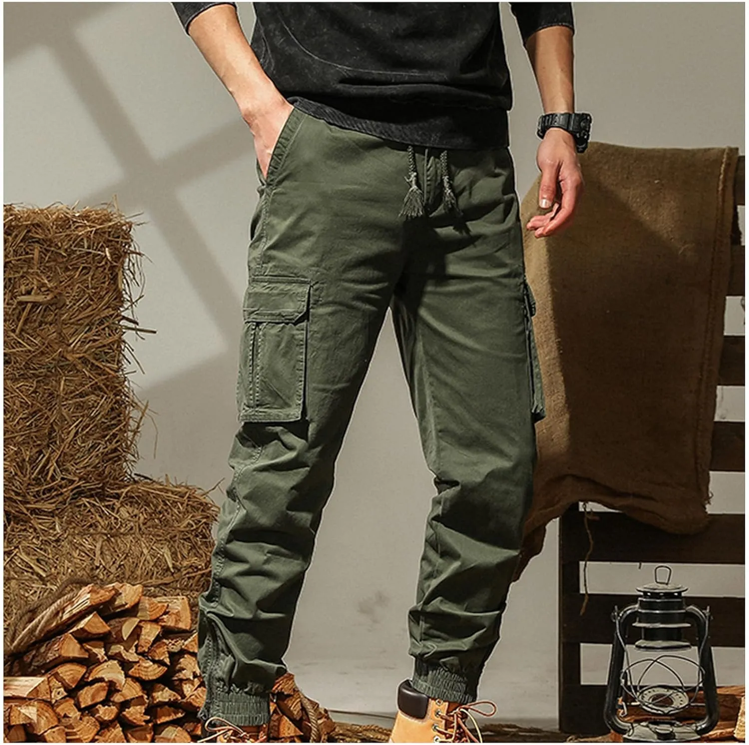 Mens Combat Work Trousers Cargo Pants Outdoor Elasticated Waist Drawstring Pant Cotton Casual Sweatpants for Men