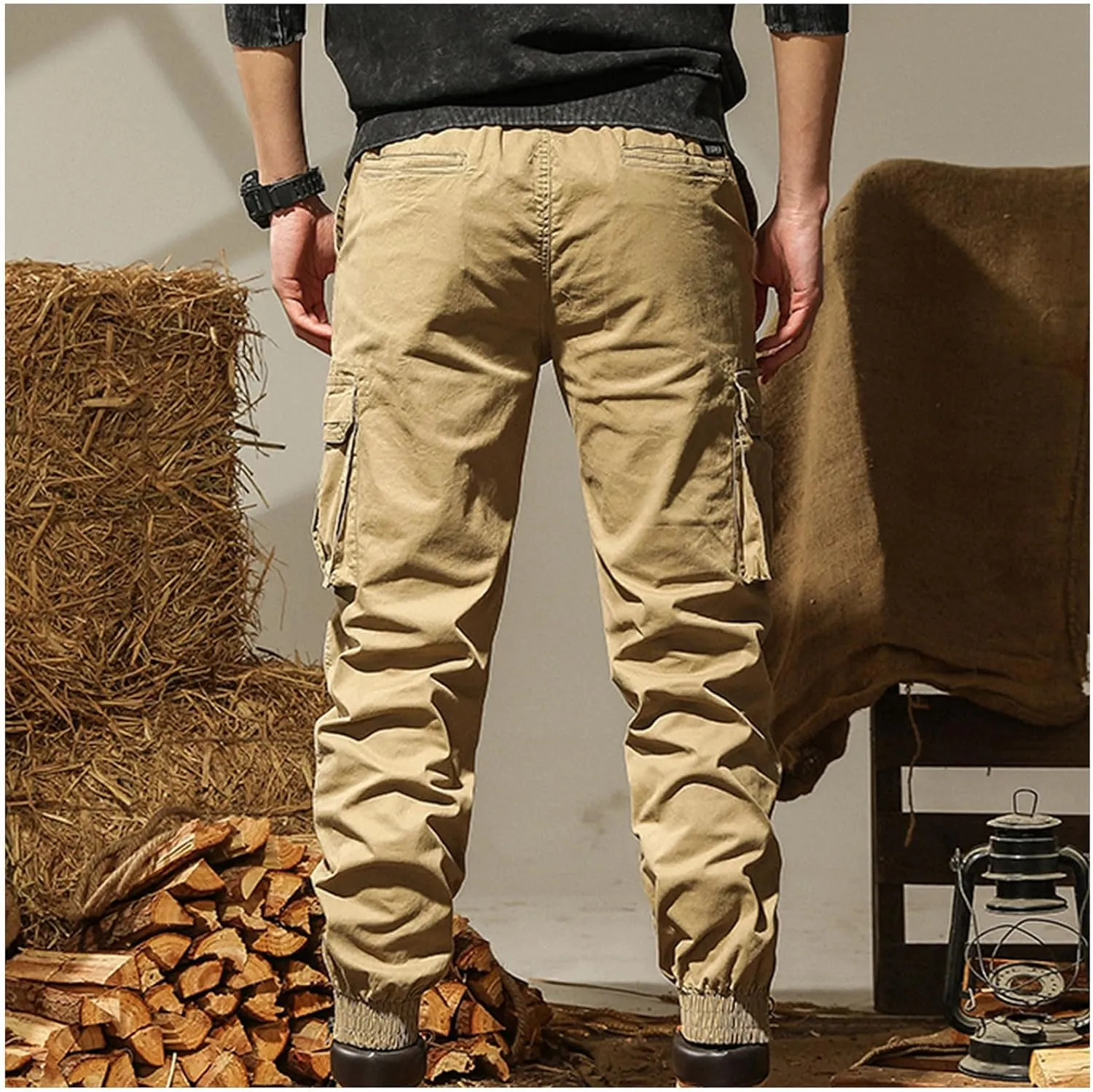 Mens Combat Work Trousers Cargo Pants Outdoor Elasticated Waist Drawstring Pant Cotton Casual Sweatpants for Men