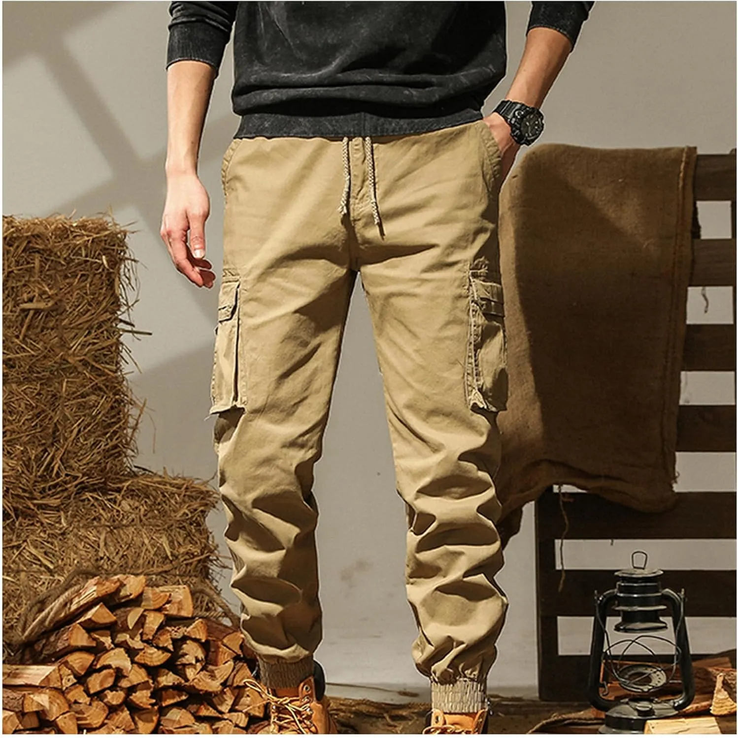 Mens Combat Work Trousers Cargo Pants Outdoor Elasticated Waist Drawstring Pant Cotton Casual Sweatpants for Men