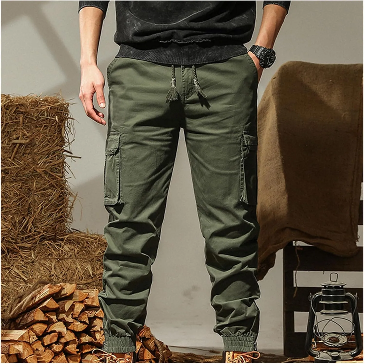 Mens Combat Work Trousers Cargo Pants Outdoor Elasticated Waist Drawstring Pant Cotton Casual Sweatpants for Men