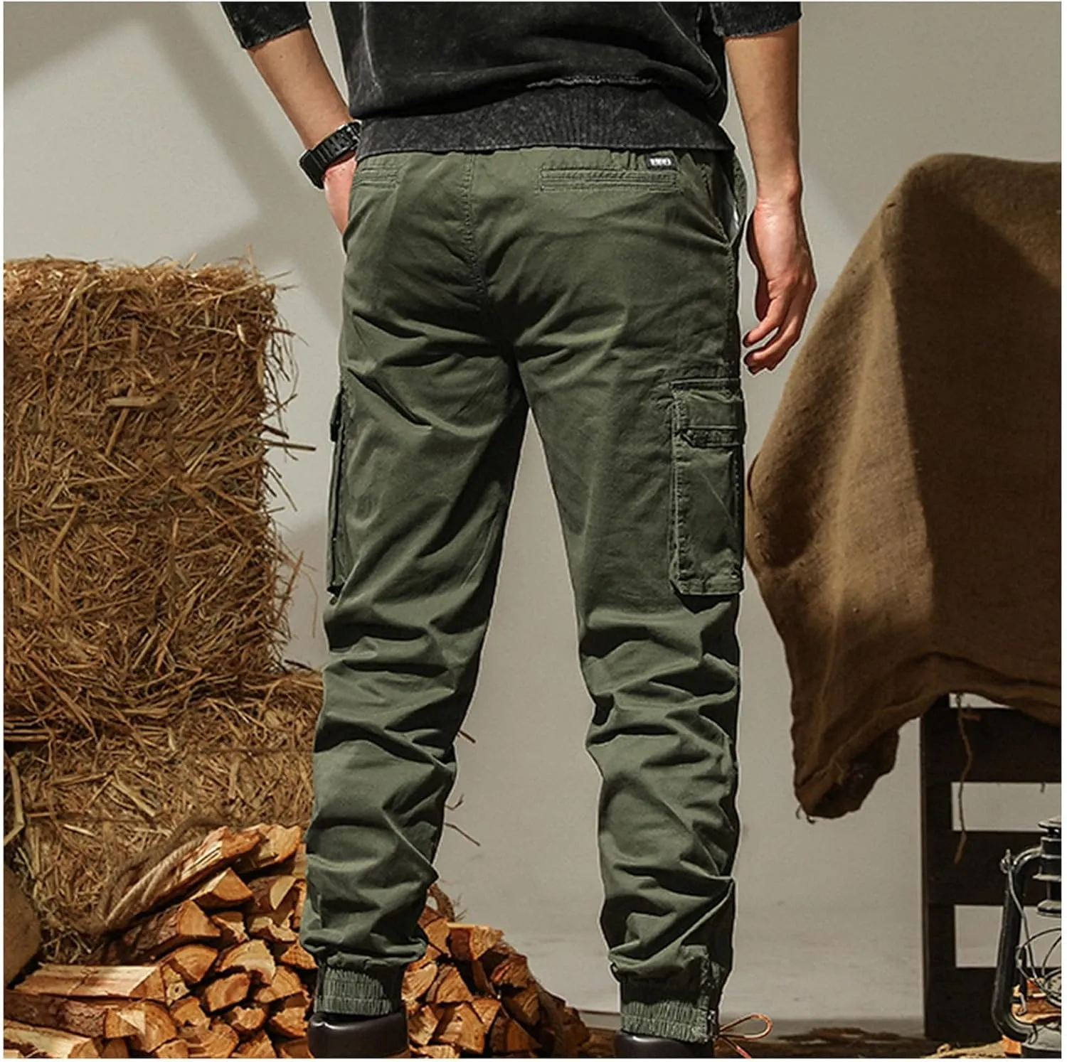 Mens Combat Work Trousers Cargo Pants Outdoor Elasticated Waist Drawstring Pant Cotton Casual Sweatpants for Men