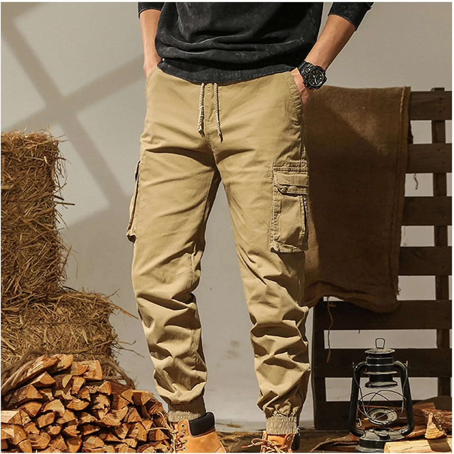 Mens Combat Work Trousers Cargo Pants Outdoor Elasticated Waist Drawstring Pant Cotton Casual Sweatpants for Men