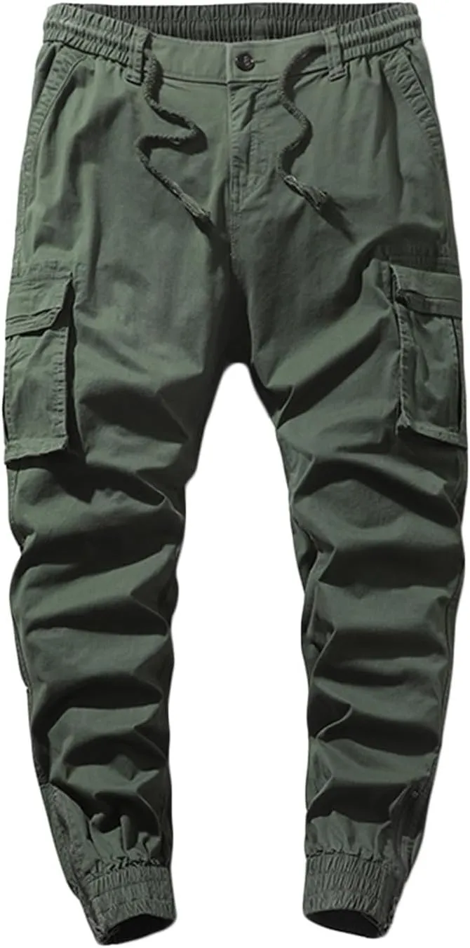 Mens Combat Work Trousers Cargo Pants Outdoor Elasticated Waist Drawstring Pant Cotton Casual Sweatpants for Men