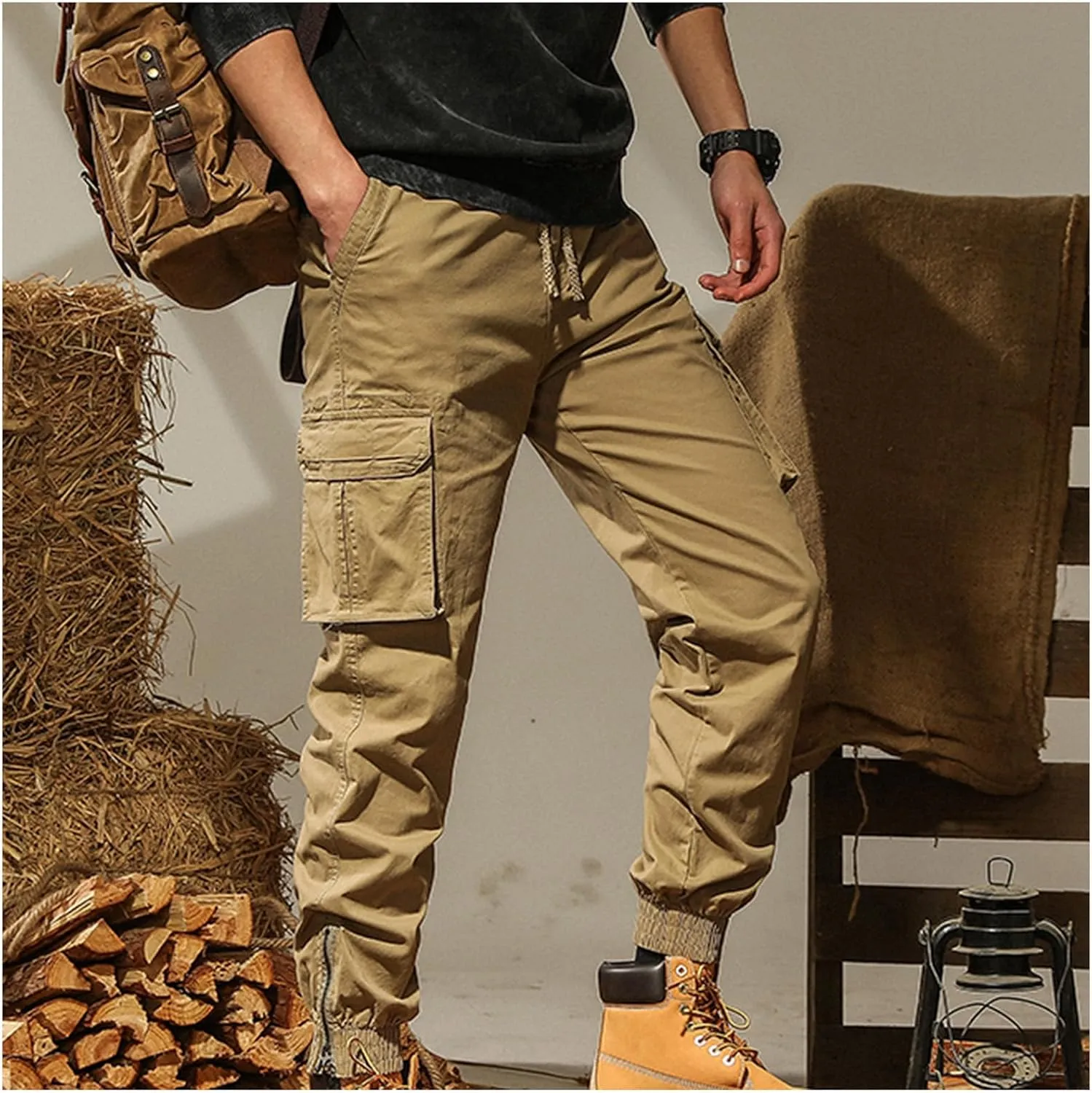 Mens Combat Work Trousers Cargo Pants Outdoor Elasticated Waist Drawstring Pant Cotton Casual Sweatpants for Men