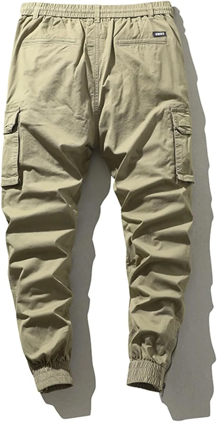 Mens Combat Work Trousers Cargo Pants Outdoor Elasticated Waist Drawstring Pant Cotton Casual Sweatpants for Men