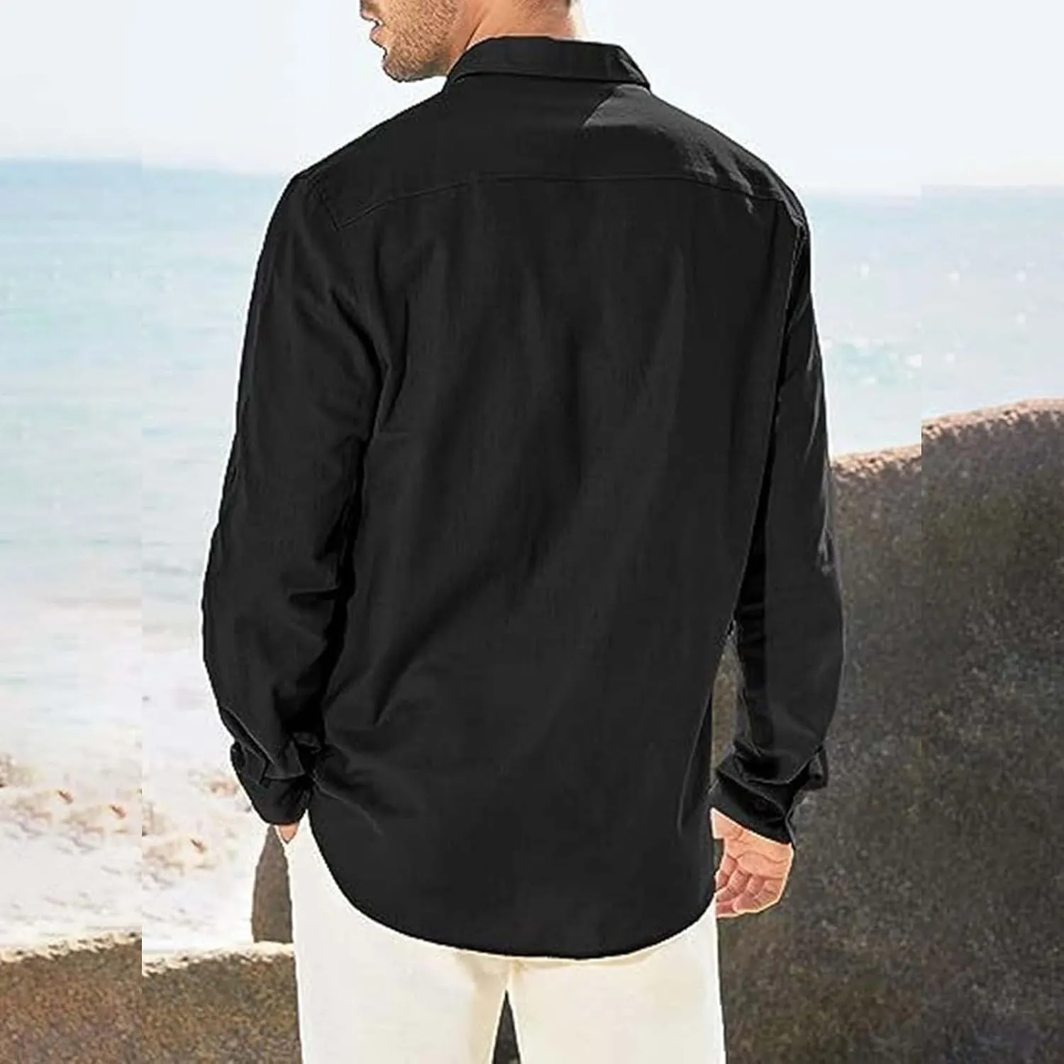 Men's Cuban Guayabera Cotton Linen Long Sleeve Dress Shirt Casual Fashion Button up Shirts Jackets with 2 Pockets