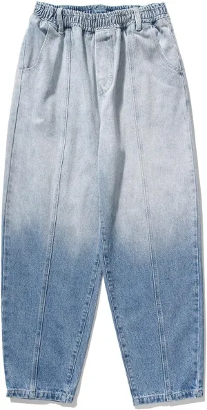 Men's Denim Jeans Casual Straight Leg Pants Basic Work Denim Pant Gradient Printed Jeans Trousers Elastic Waist Pants