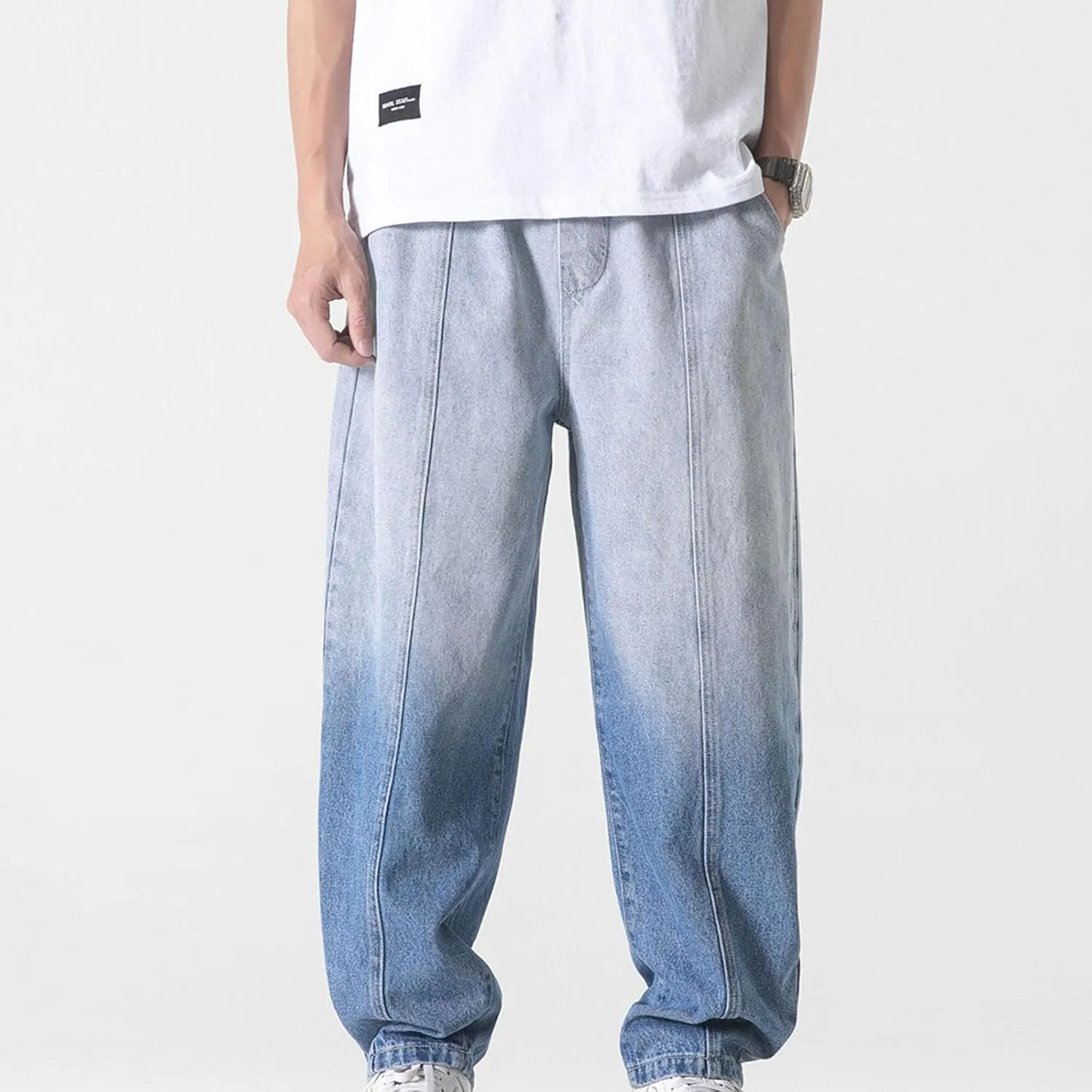 Men's Denim Jeans Casual Straight Leg Pants Basic Work Denim Pant Gradient Printed Jeans Trousers Elastic Waist Pants