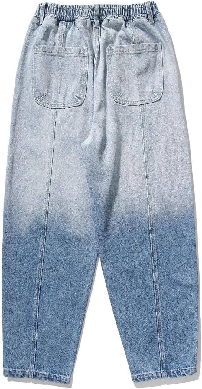 Men's Denim Jeans Casual Straight Leg Pants Basic Work Denim Pant Gradient Printed Jeans Trousers Elastic Waist Pants