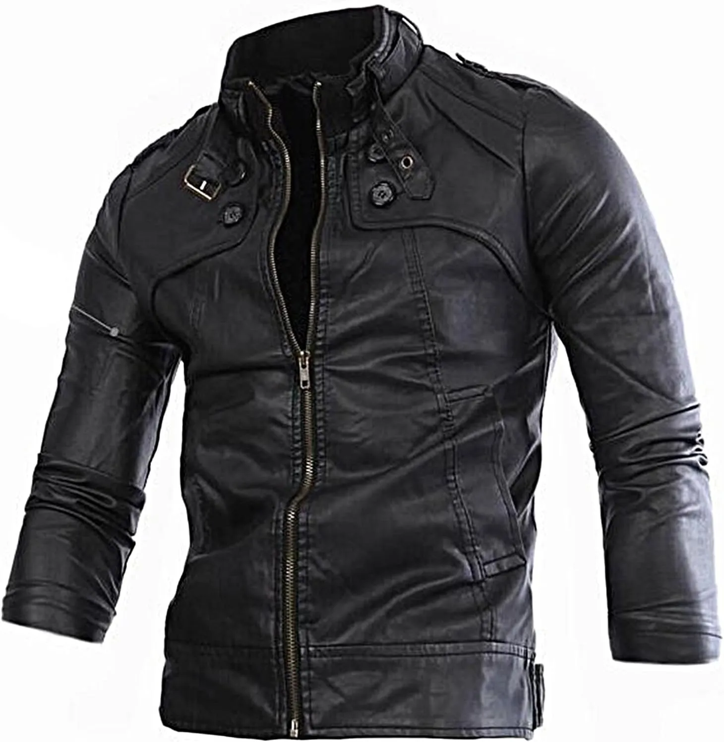 Men's Faux Leather Jacket Stand Collar Lightweight Bomber Jackets Classic Slim FIt Full Zip Vintage Motorcycle Coats