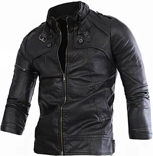 Men's Faux Leather Jacket Stand Collar Lightweight Bomber Jackets Classic Slim FIt Full Zip Vintage Motorcycle Coats