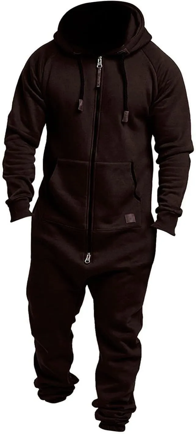 Mens Fleece Lined Hooded Jumpsuit Zip Up Onesie Pajamas One Piece Playsuit Jogger Sweatsuit Overalls with Pockets