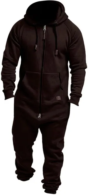 Mens Fleece Lined Hooded Jumpsuit Zip Up Onesie Pajamas One Piece Playsuit Jogger Sweatsuit Overalls with Pockets