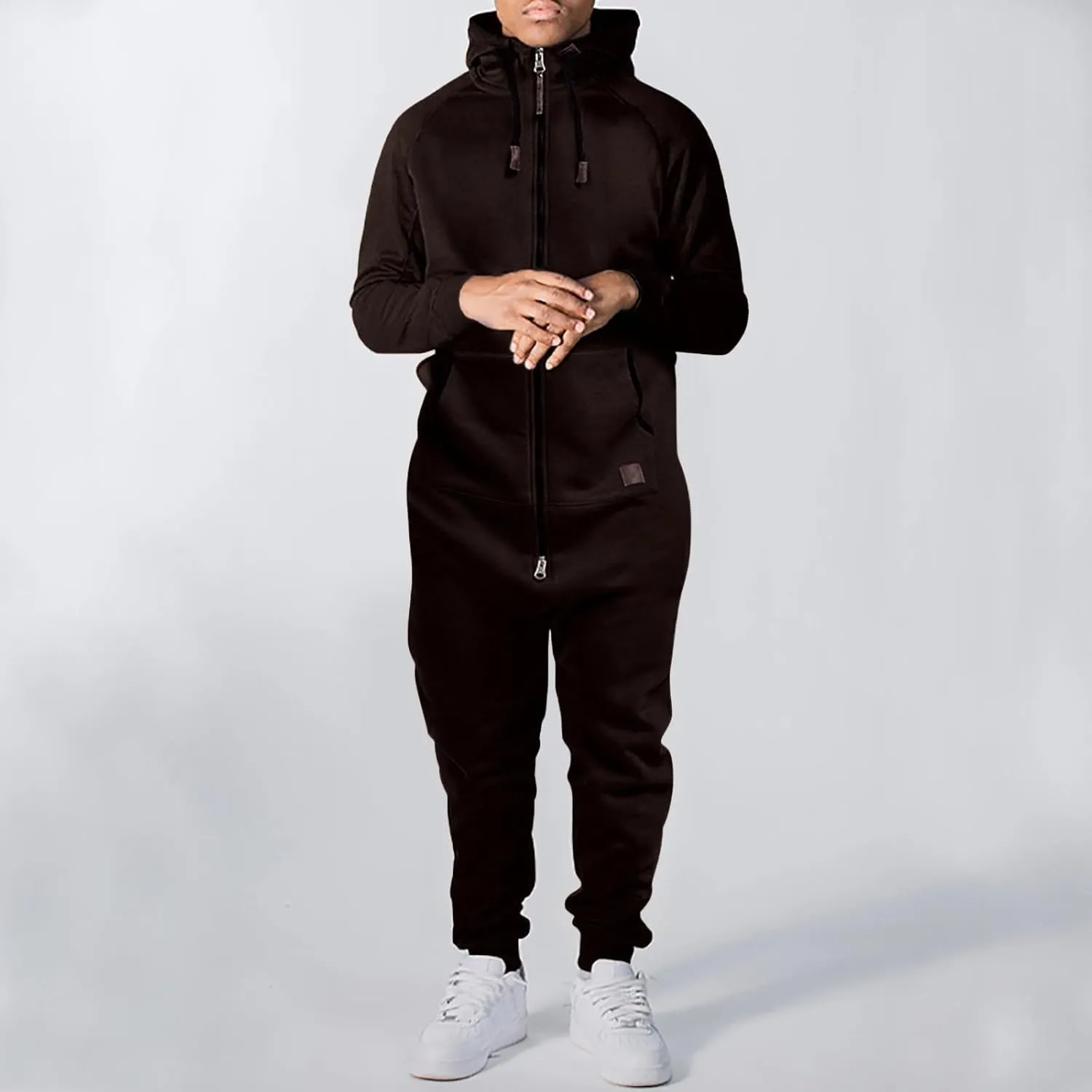 Mens Fleece Lined Hooded Jumpsuit Zip Up Onesie Pajamas One Piece Playsuit Jogger Sweatsuit Overalls with Pockets