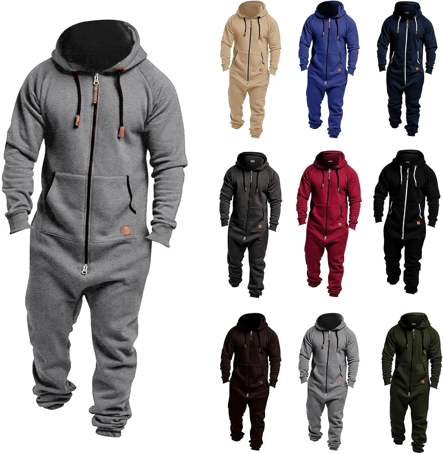 Mens Fleece Lined Hooded Jumpsuit Zip Up Onesie Pajamas One Piece Playsuit Jogger Sweatsuit Overalls with Pockets