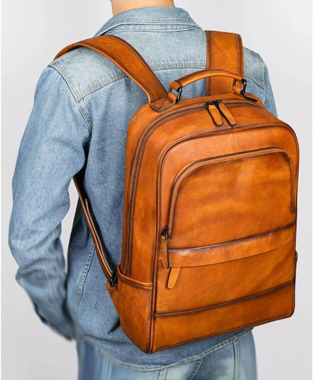 Mens Genuine Leather Backpacks Luggage Travel Bags Computers Laptop Bags Casual Daypack Bookbags(Black)