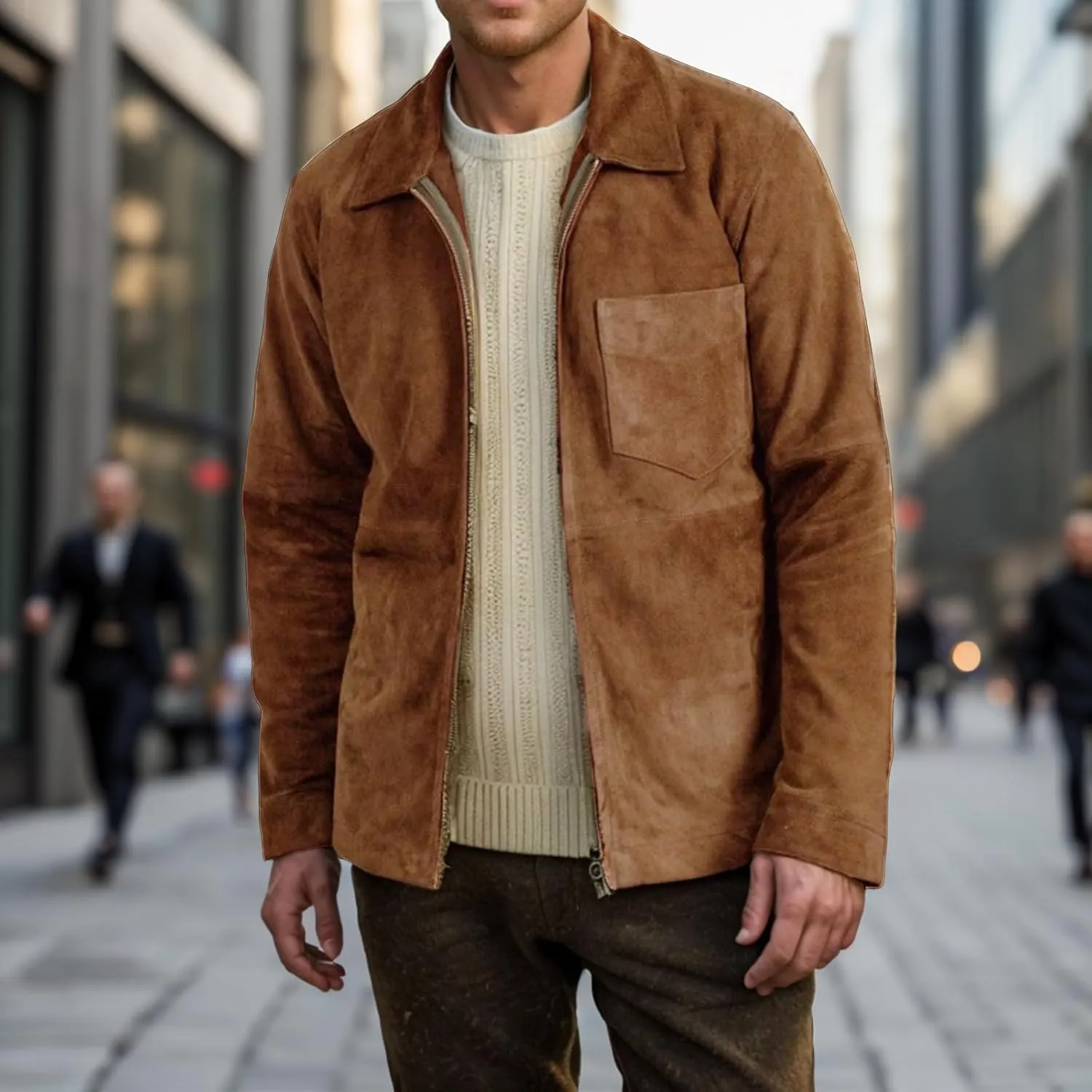 Men's Lightweight Jackets Vintage Faux Suede Bomber Coats Full Zip Up Stand Collar Light Fall Casual Windbreaker