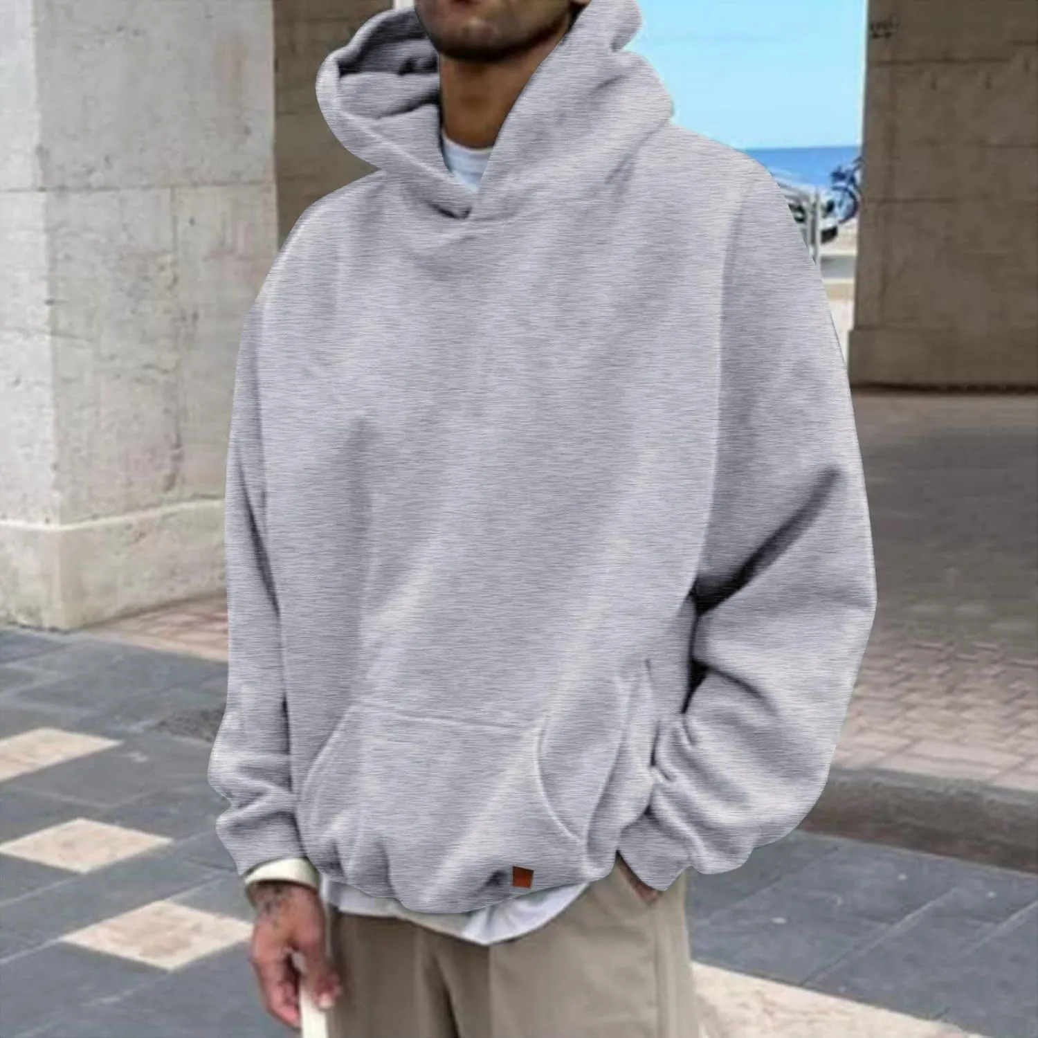 Mens Oversized Hoodies Pullover Solid Vintage Long Sleeve Sweatshirt Heavyweight Baggy Streetwear Top Athletic