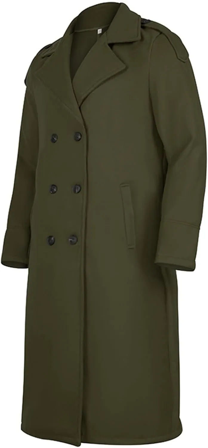 Men's Trench Coat Long Wool Blend Windbreaker Jacket Double Breasted Bussiness Overcoat with Pockets