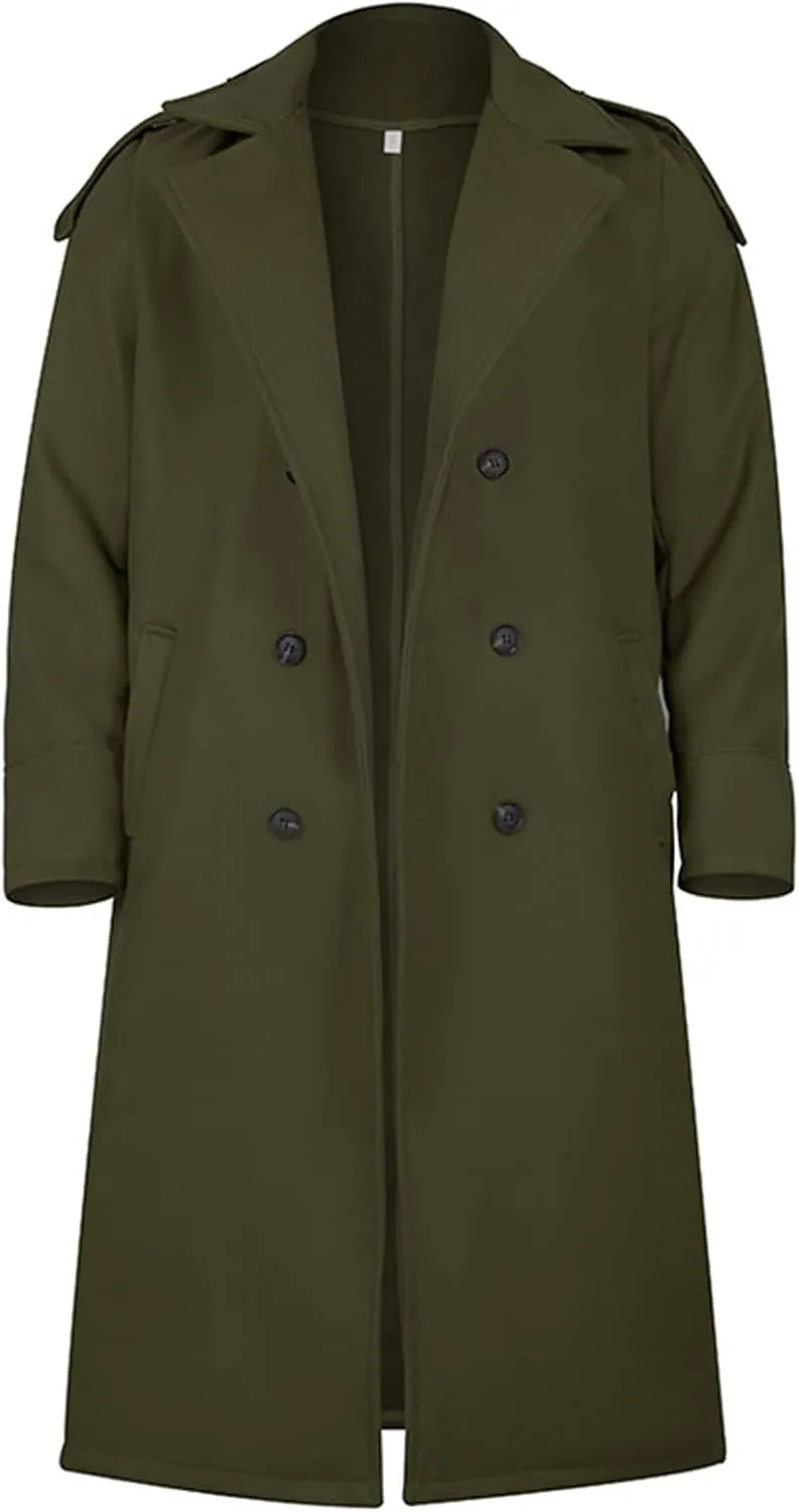 Men's Trench Coat Long Wool Blend Windbreaker Jacket Double Breasted Bussiness Overcoat with Pockets