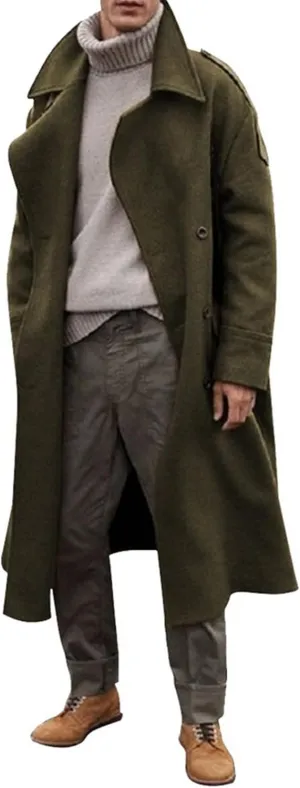 Men's Trench Coat Long Wool Blend Windbreaker Jacket Double Breasted Bussiness Overcoat with Pockets
