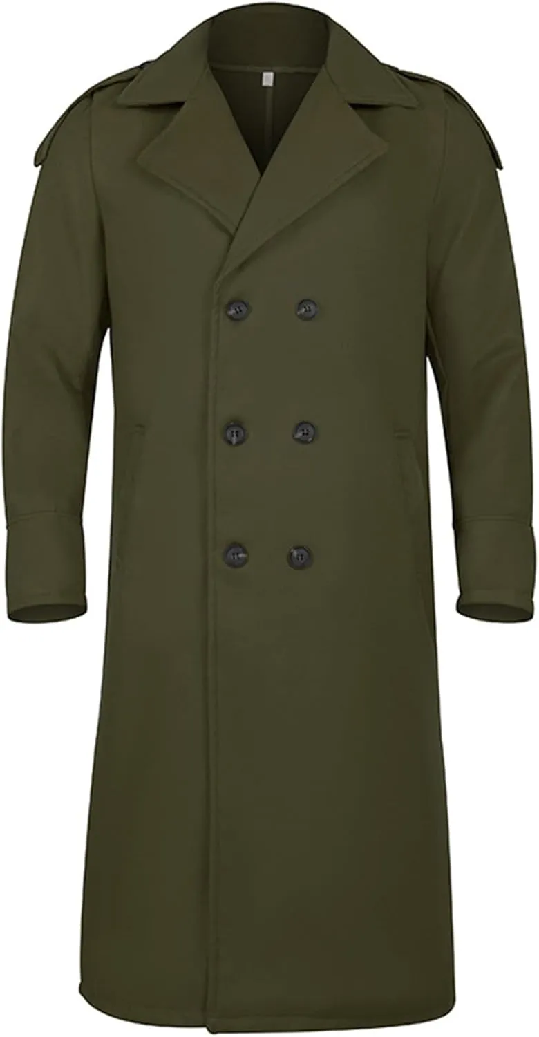 Men's Trench Coat Long Wool Blend Windbreaker Jacket Double Breasted Bussiness Overcoat with Pockets