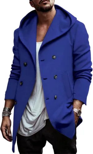 Mens Trench Coat with Hooded Slim Fit Mid Long Jackets Warm Winter Trench Coat Double Breasted Overcoat Windbreaker