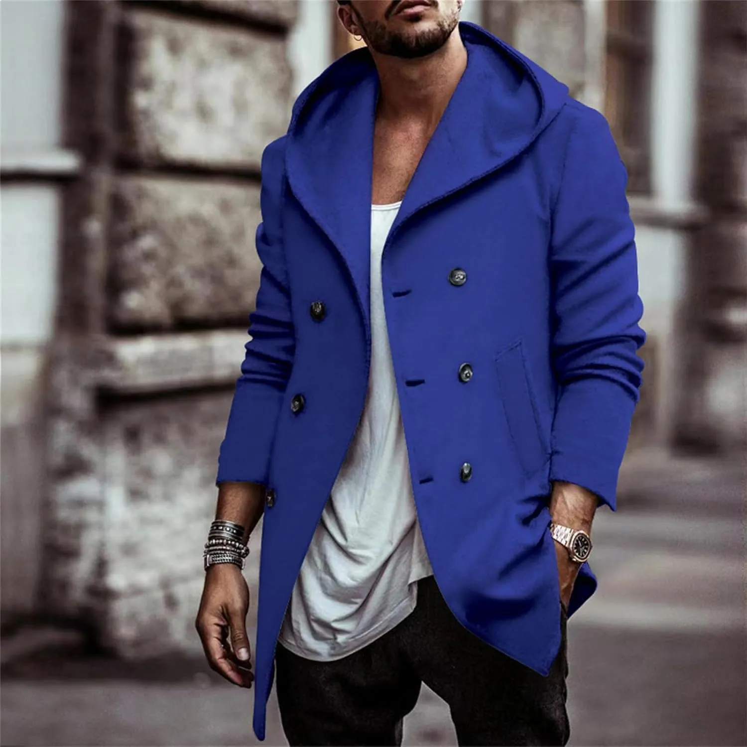 Mens Trench Coat with Hooded Slim Fit Mid Long Jackets Warm Winter Trench Coat Double Breasted Overcoat Windbreaker