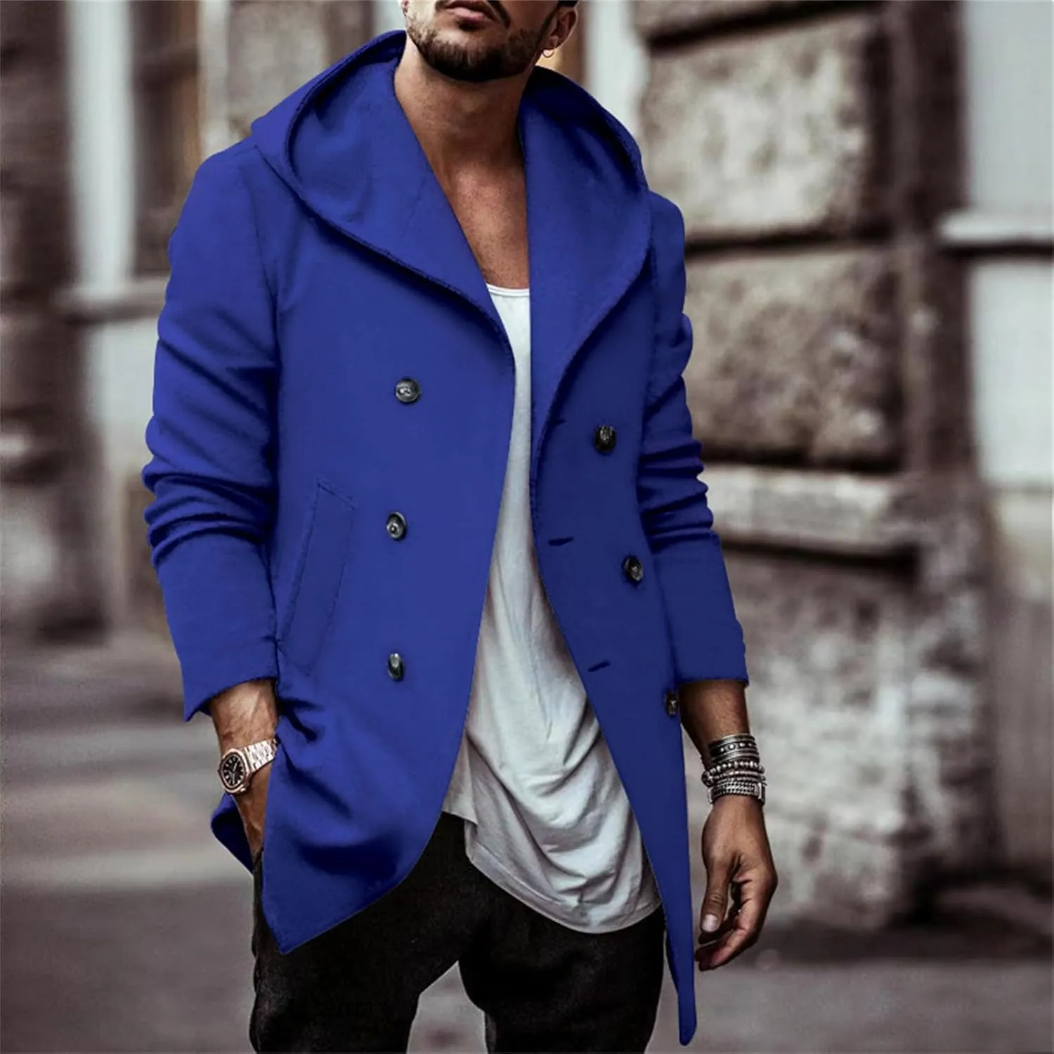 Mens Trench Coat with Hooded Slim Fit Mid Long Jackets Warm Winter Trench Coat Double Breasted Overcoat Windbreaker