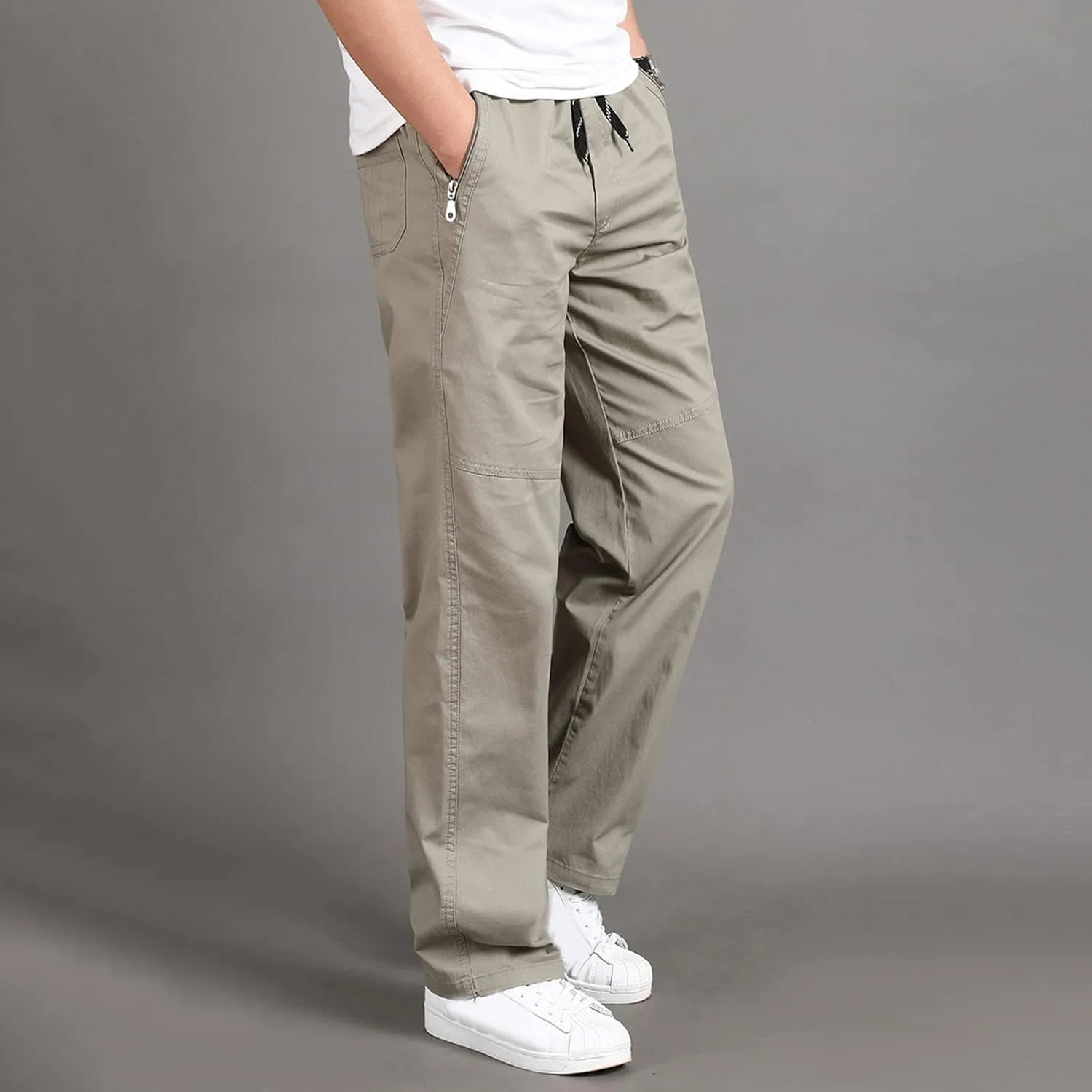 Mens Workout Cargo Sweatpants Men Relaxed Fit Casual Slim Beach Work Streetwear Khaki Baggy Pants with Zipper Pockets
