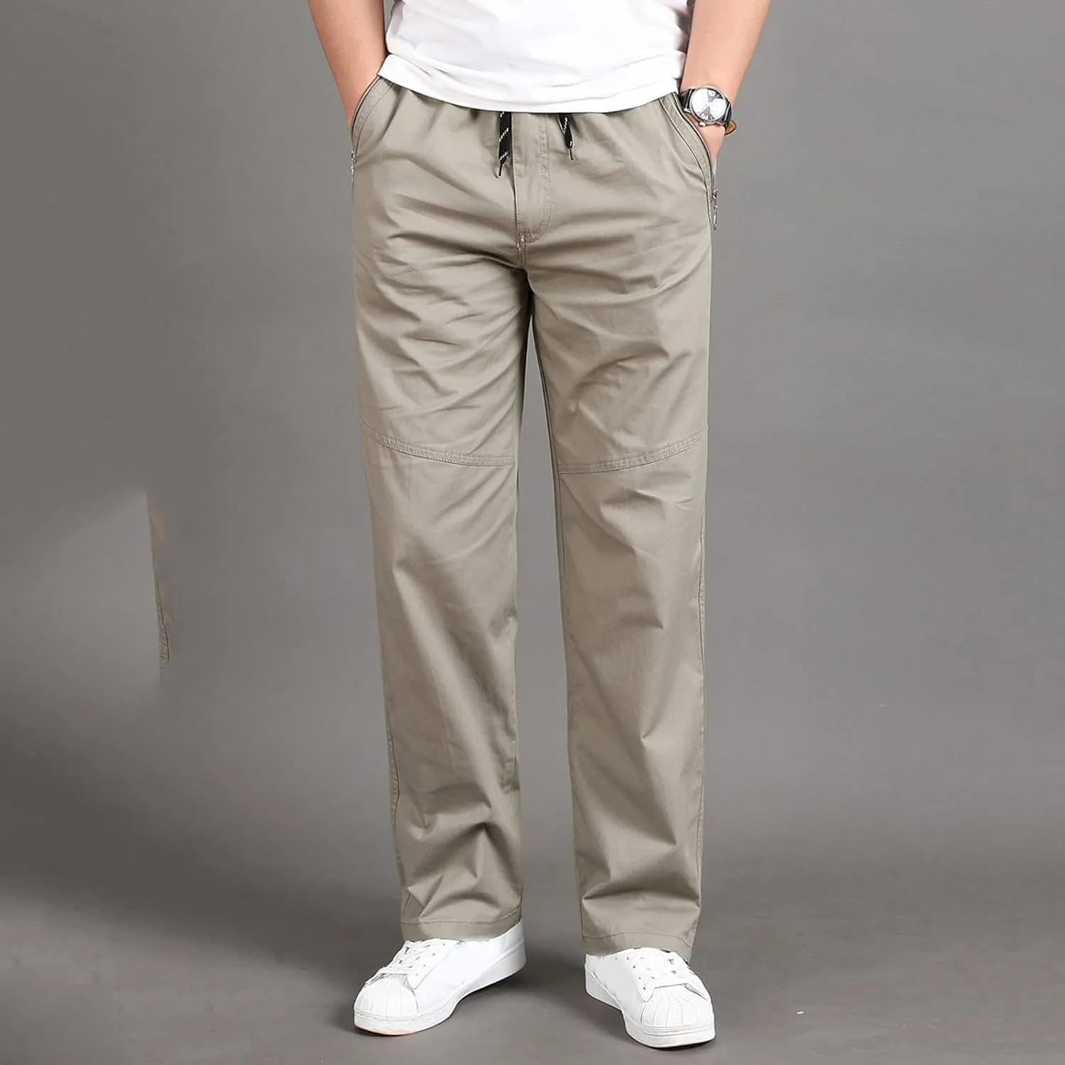 Mens Workout Cargo Sweatpants Men Relaxed Fit Casual Slim Beach Work Streetwear Khaki Baggy Pants with Zipper Pockets