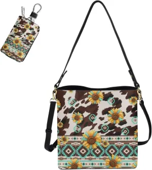 Messenger Bag for Women Crossbody Boho with Leather Car Remote Key Case Cover Set of 2 Bucket Style Tote