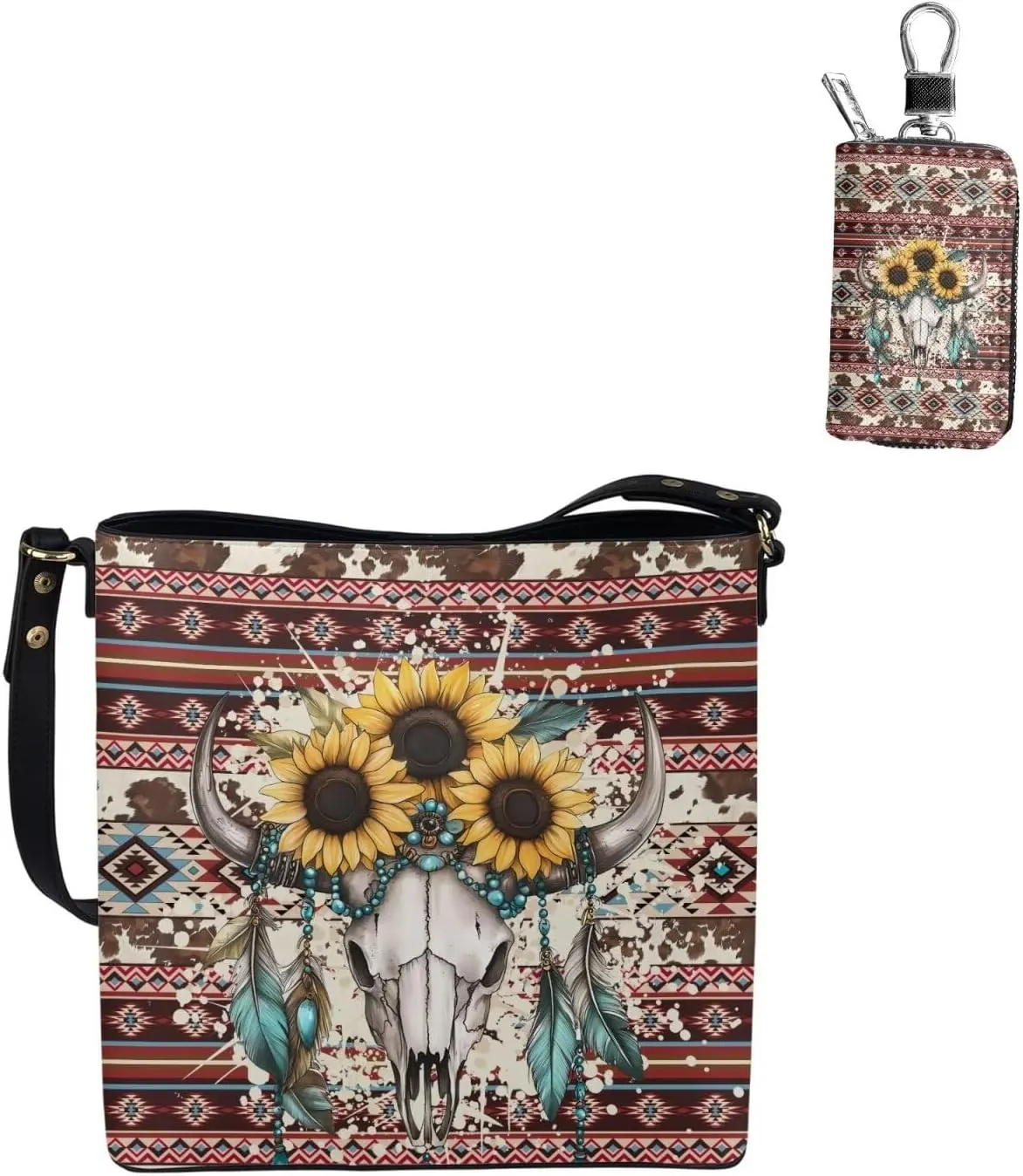 Messenger Bag for Women Crossbody Boho with Leather Car Remote Key Case Cover Set of 2 Bucket Style Tote