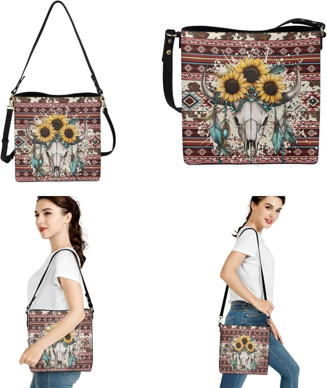 Messenger Bag for Women Crossbody Boho with Leather Car Remote Key Case Cover Set of 2 Bucket Style Tote
