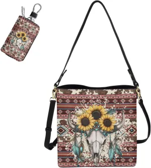 Messenger Bag for Women Crossbody Boho with Leather Car Remote Key Case Cover Set of 2 Bucket Style Tote