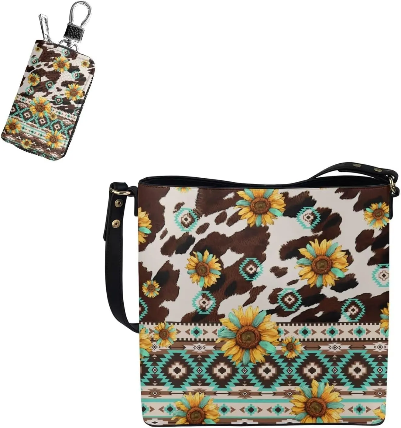 Messenger Bag for Women Crossbody Boho with Leather Car Remote Key Case Cover Set of 2 Bucket Style Tote