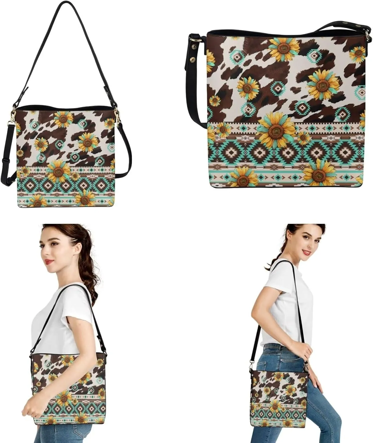 Messenger Bag for Women Crossbody Boho with Leather Car Remote Key Case Cover Set of 2 Bucket Style Tote