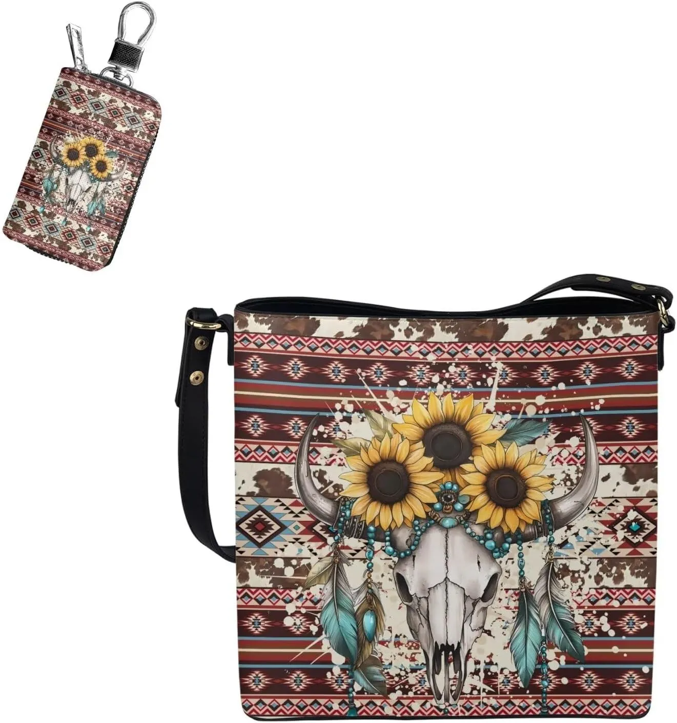 Messenger Bag for Women Crossbody Boho with Leather Car Remote Key Case Cover Set of 2 Bucket Style Tote