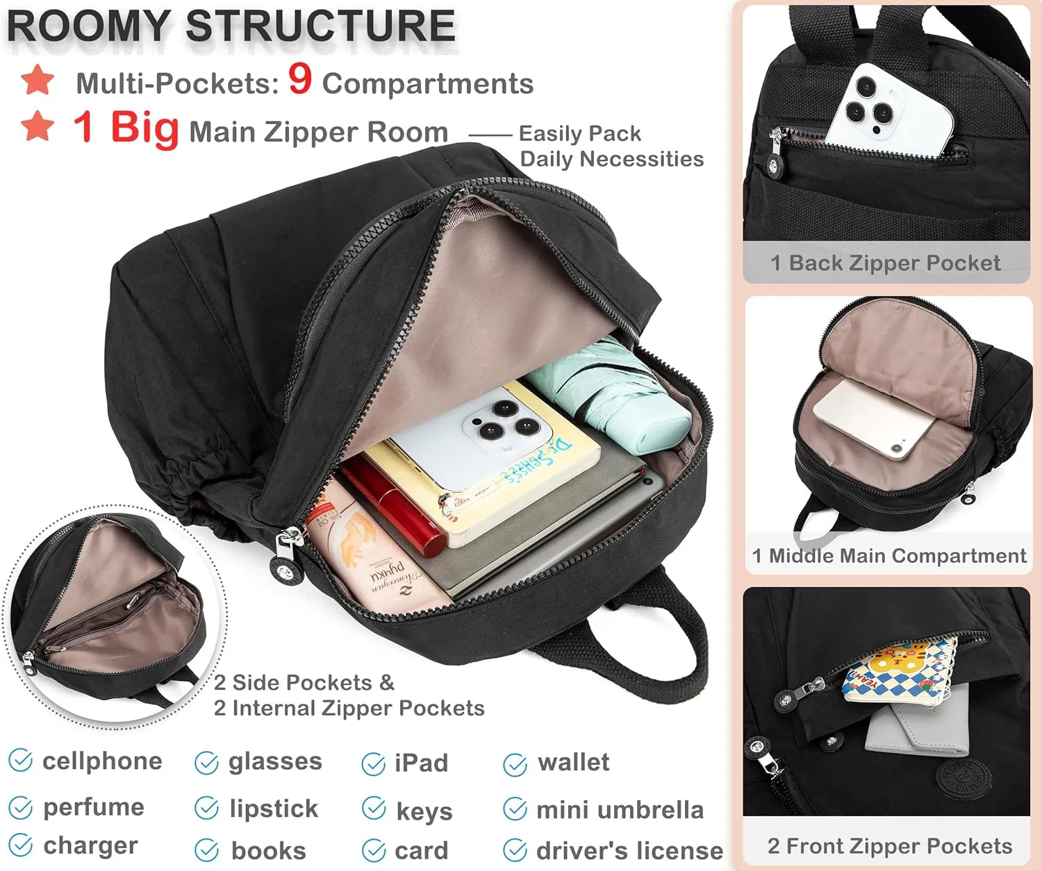 Mini Backpack Purse for Women,Small Nylon backpacks for Ladies Backpacks Women Anti Theft Travel Bag (Black)