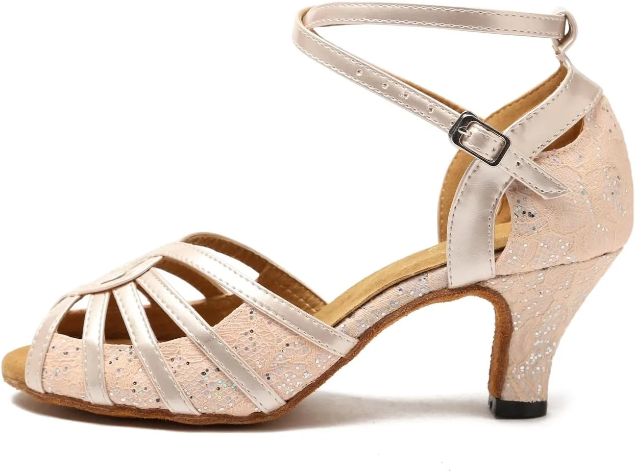 Minishion GL227 Women's Cross Strap Lace Latin Tango Ballroom Dance Shoes Wedding Prom Sandals