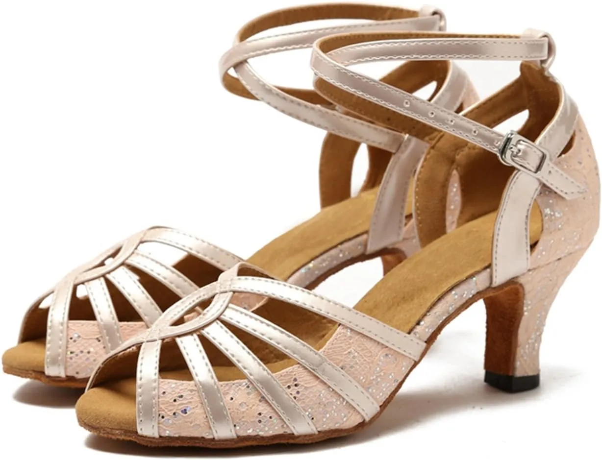 Minishion GL227 Women's Cross Strap Lace Latin Tango Ballroom Dance Shoes Wedding Prom Sandals