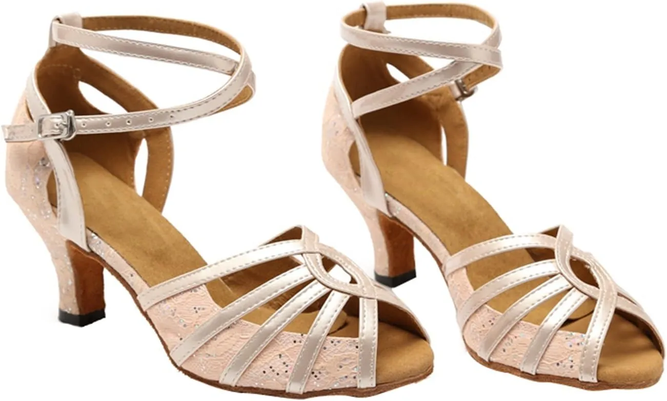 Minishion GL227 Women's Cross Strap Lace Latin Tango Ballroom Dance Shoes Wedding Prom Sandals