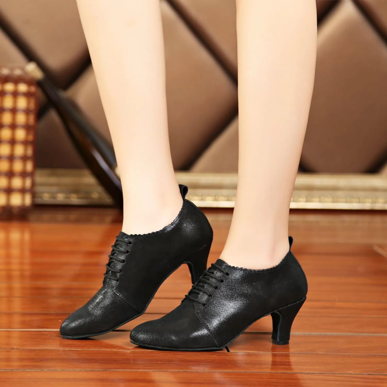 Minishion GL230 Women's Closed Toe Glitter Leather Latin Tango Ballroom Dance Shoes Evening Prom Pumps