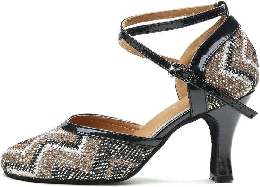 Minishion GL248 Women's Printed Glitter Ballroom Latin Dance Shoes Evening Pumps