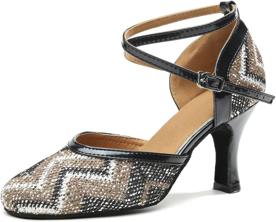 Minishion GL248 Women's Printed Glitter Ballroom Latin Dance Shoes Evening Pumps