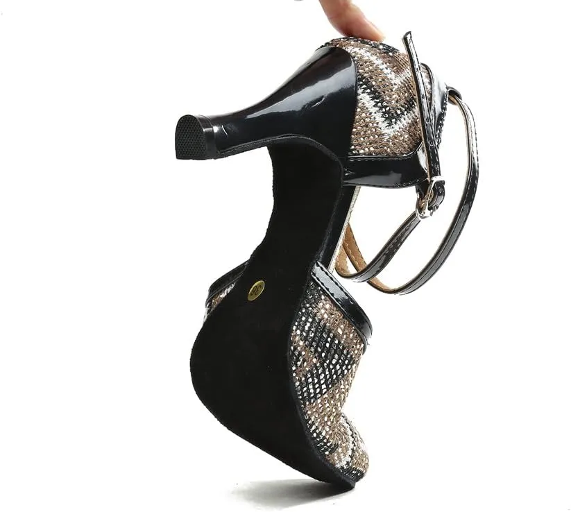 Minishion GL248 Women's Printed Glitter Ballroom Latin Dance Shoes Evening Pumps