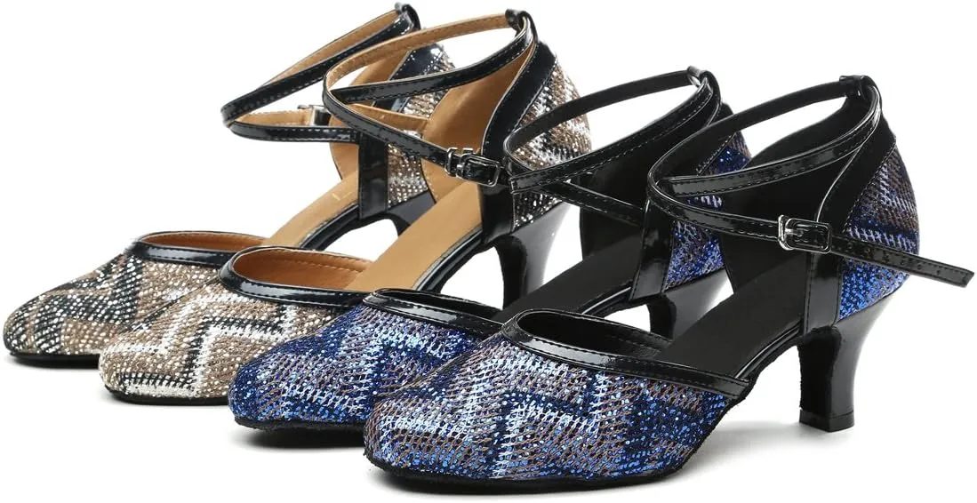 Minishion GL248 Women's Printed Glitter Ballroom Latin Dance Shoes Evening Pumps
