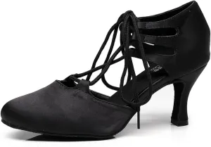 Minishion TJ7137 Women's Girls Lace-up Satin Tango Latin Dancing Shoes Evening Pumps