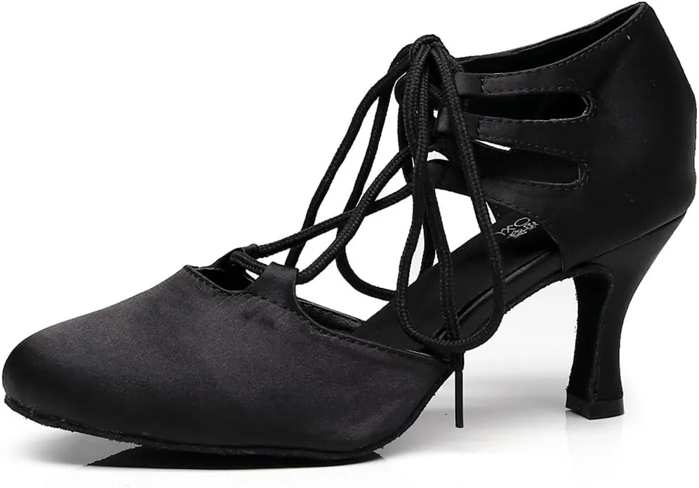 Minishion TJ7137 Women's Girls Lace-up Satin Tango Latin Dancing Shoes Evening Pumps