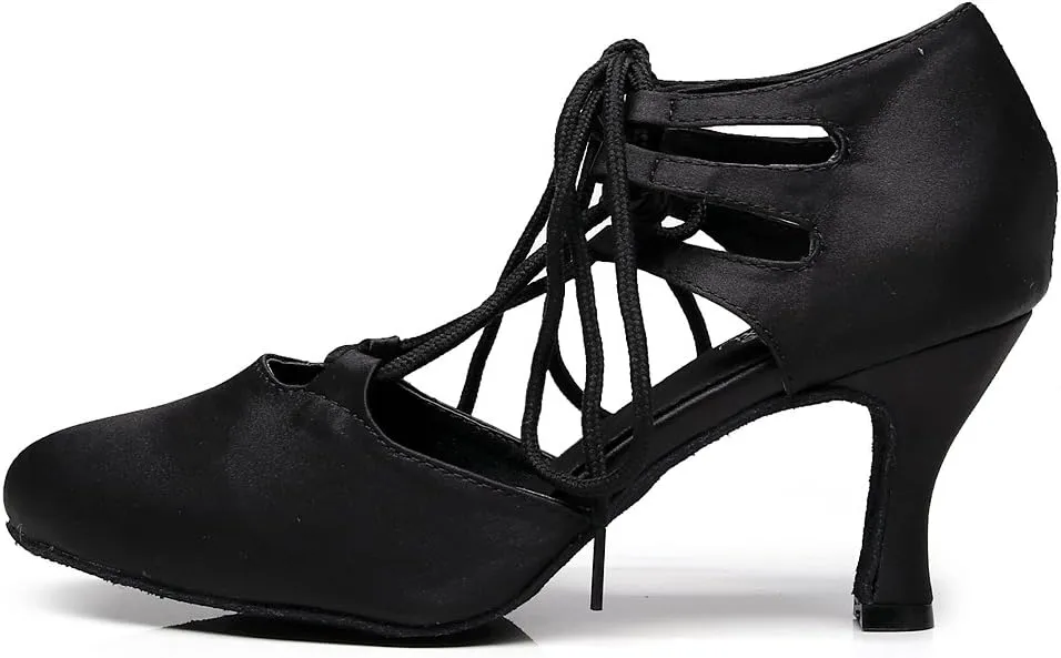 Minishion TJ7137 Women's Girls Lace-up Satin Tango Latin Dancing Shoes Evening Pumps